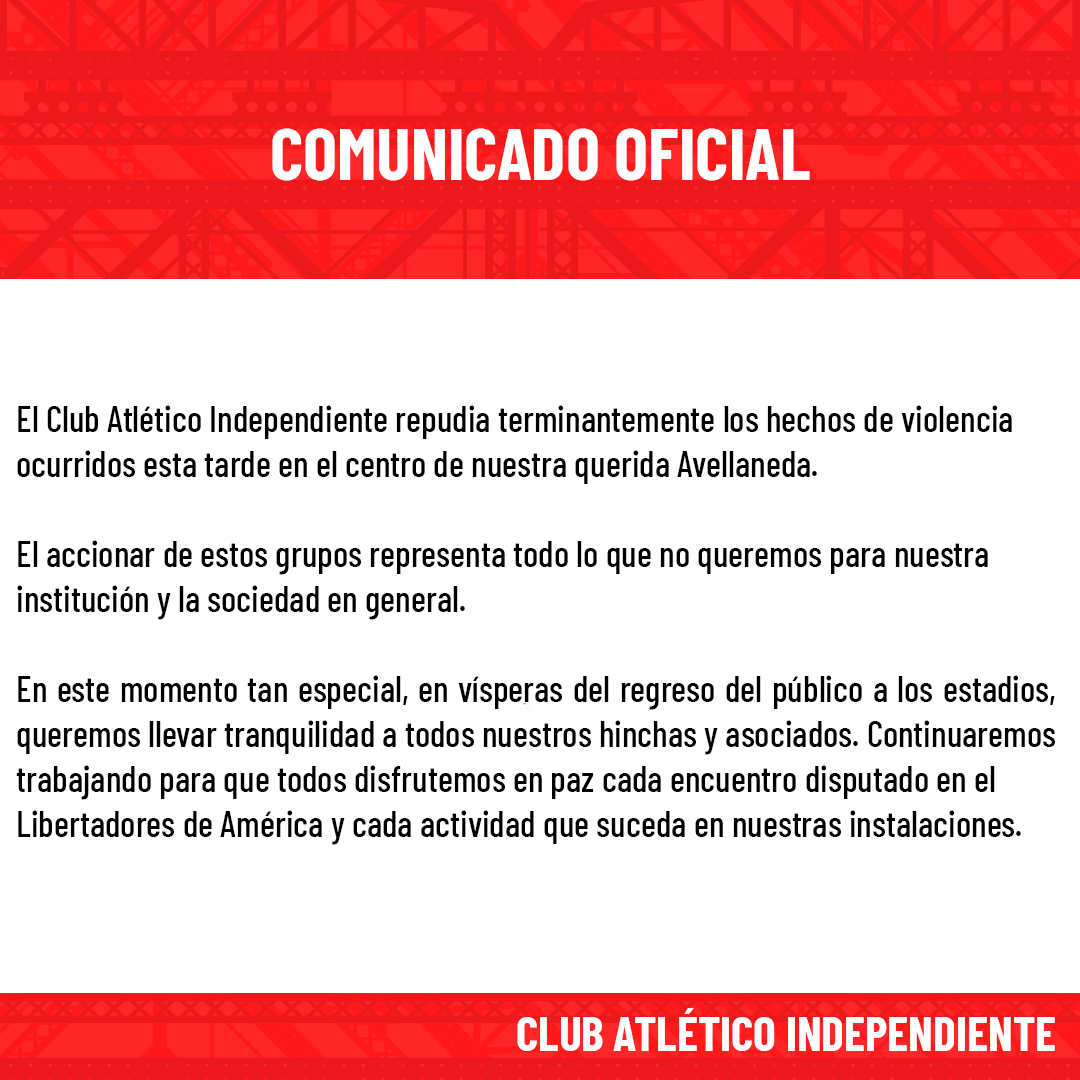 El comunicado formal que Independiente difundió a través de las redes sociales oficiales del club 