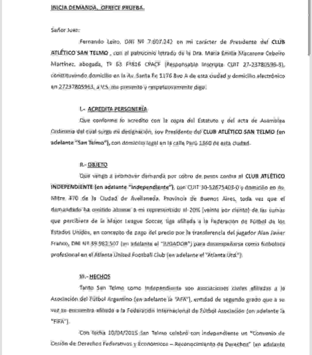 Esta es la demanada que le llegó al Club Atlético Independiente por parte de San Telmo.