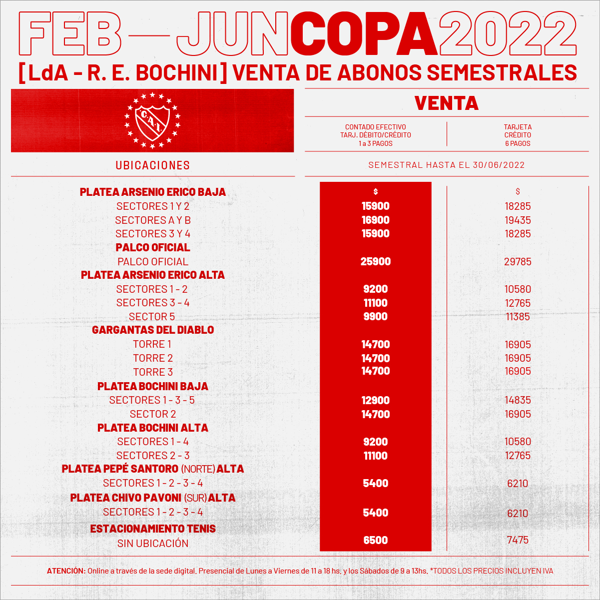 Esta es la lista de precios para reservar tu abono y acompañar siempre al Club Atlético Independiente.
