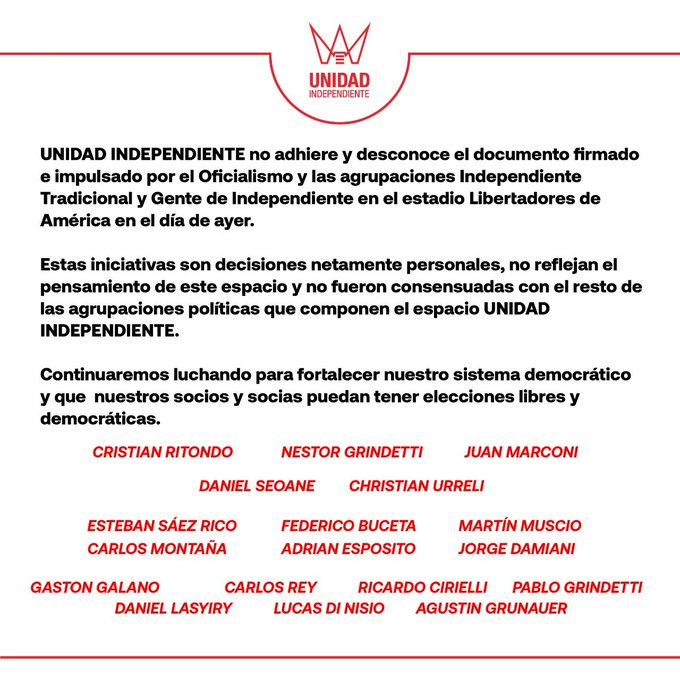 El comunicado de Unidad Independiente que generó las declaraciones de Fabián Doman