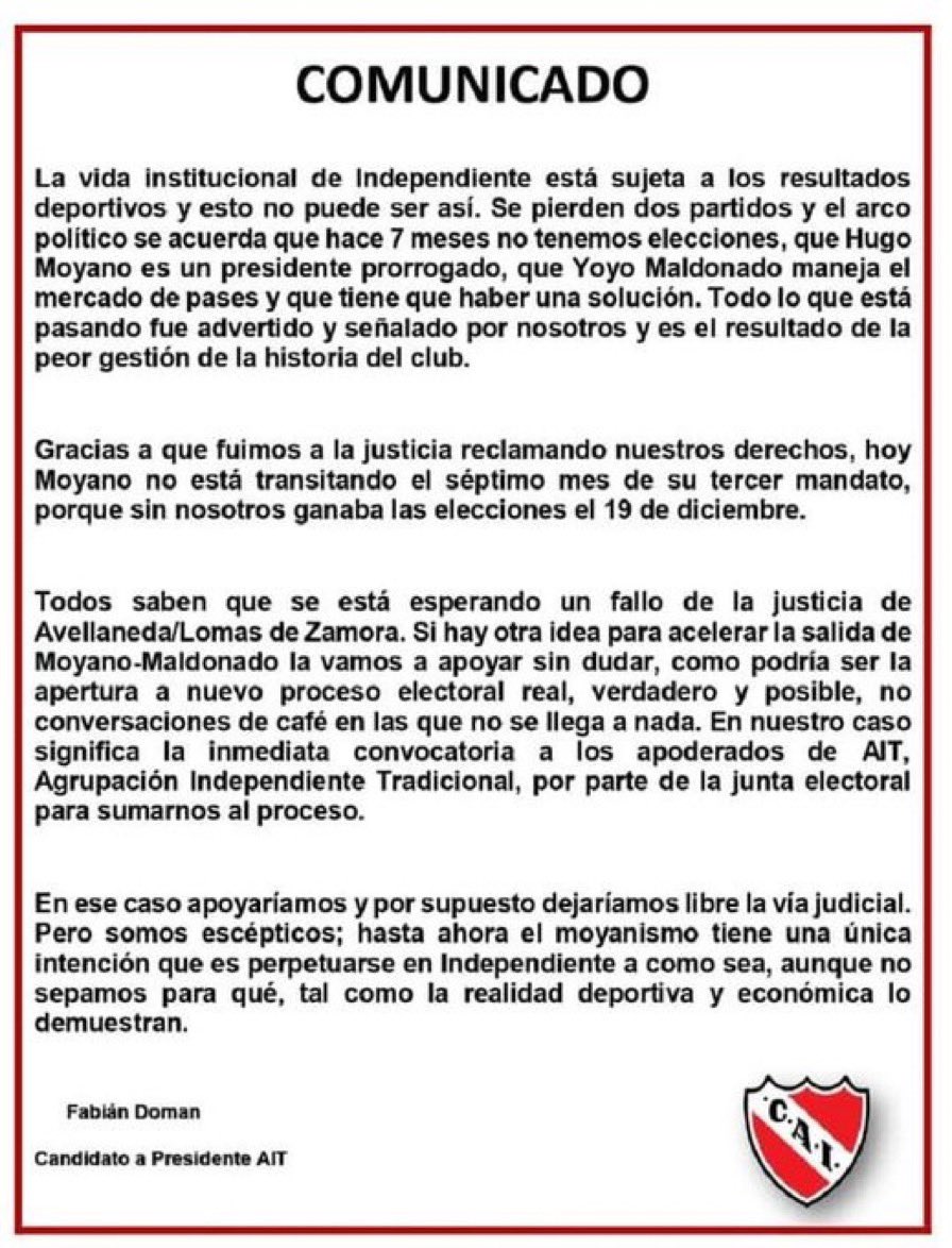 Fabián Doman, candidato a presidente de Independiente, publicó este comunicado.
