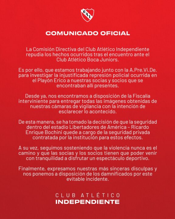 El comunicado que compartió Independiente.
