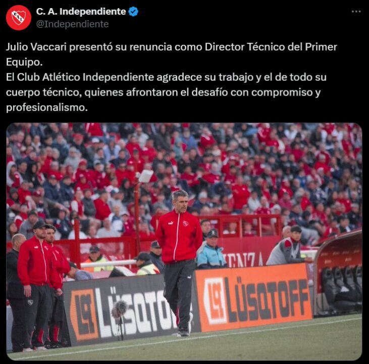 Independiente anunció la renuncia de Julio Vaccari